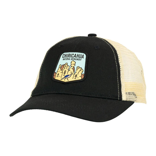 Black and beige trucker hat with Chiricahua National Monument patch on a white background