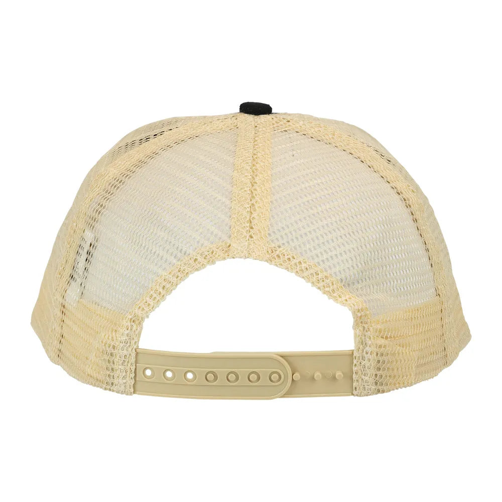 Beige mesh cap with a black button on a white background