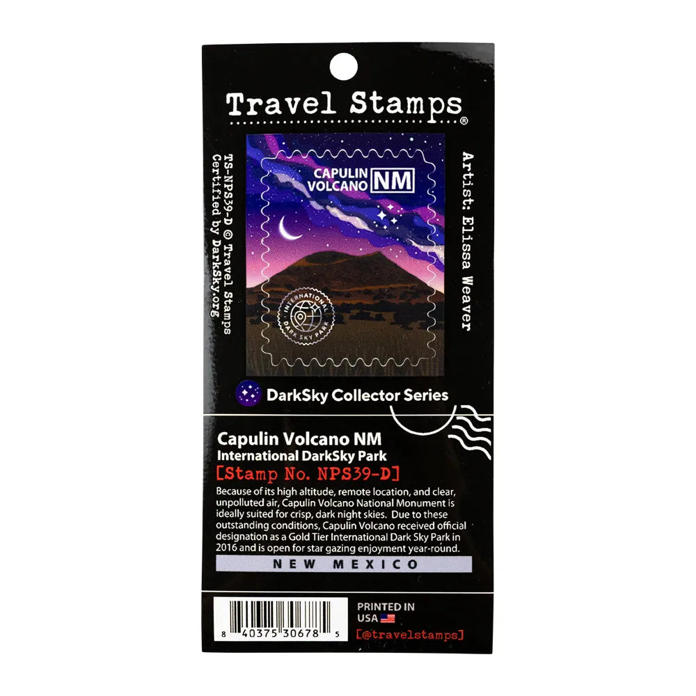 Travel stamps packaging with Capulin Volcano National Monument featuring a night sky design on a white background