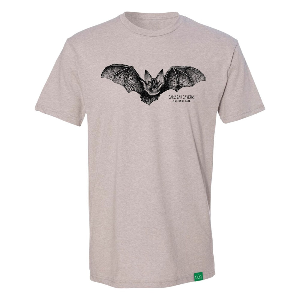 Beige t-shirt with a bat design and 'Carlsbad Caverns National Park' text on a white background
