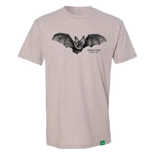 Beige t-shirt with a bat design and 'Carlsbad Caverns National Park' text on a white background