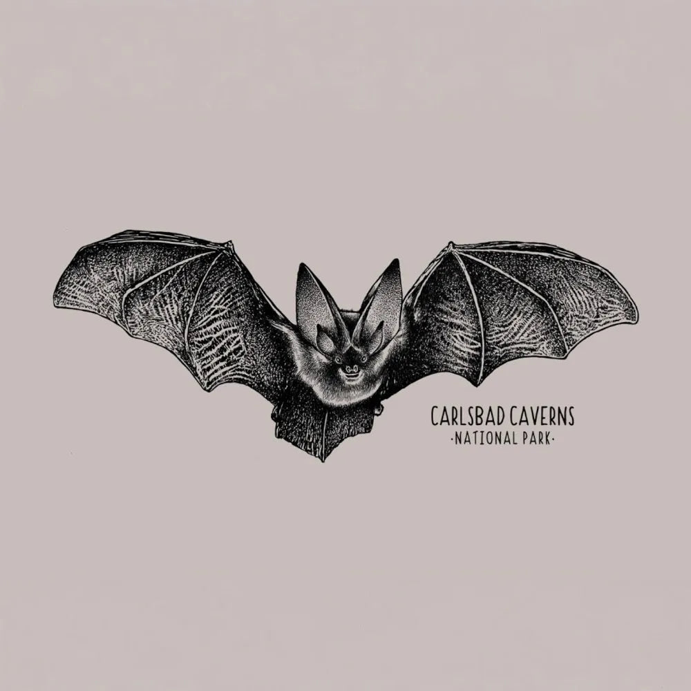 Illustration of a bat with 'Carlsbad Caverns National Park' text on a beige background