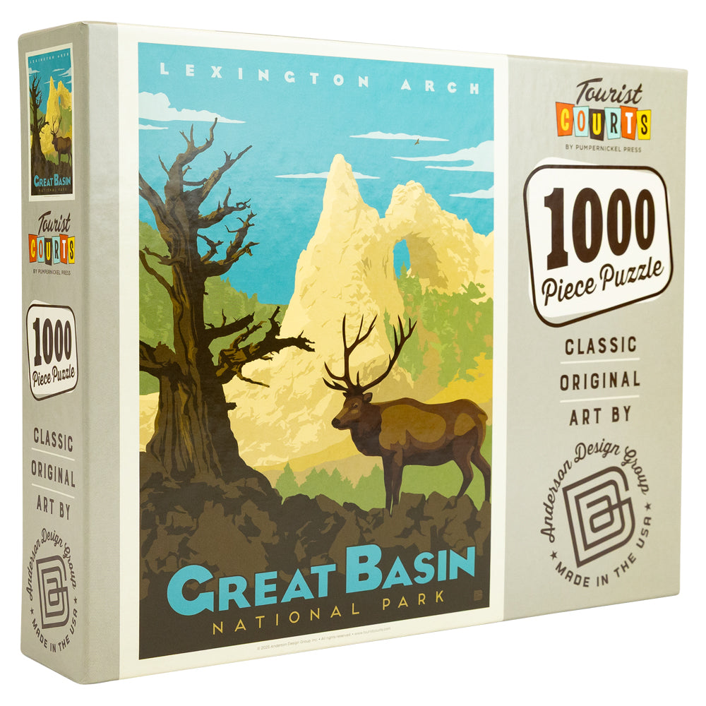 Jigsaw puzzle box featuring artwork of a deer in a natural landscape with text indicating 'Great Basin National Park'.
