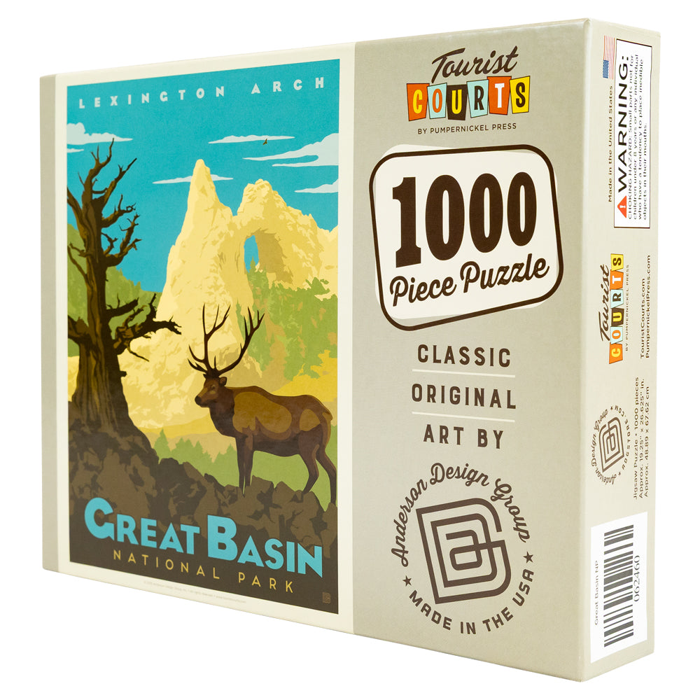Puzzle box with a scenic illustration of a deer in a national park and text about the product.