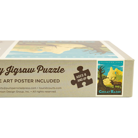 Box of a jigsaw puzzle with a scenic design and text on a white background
