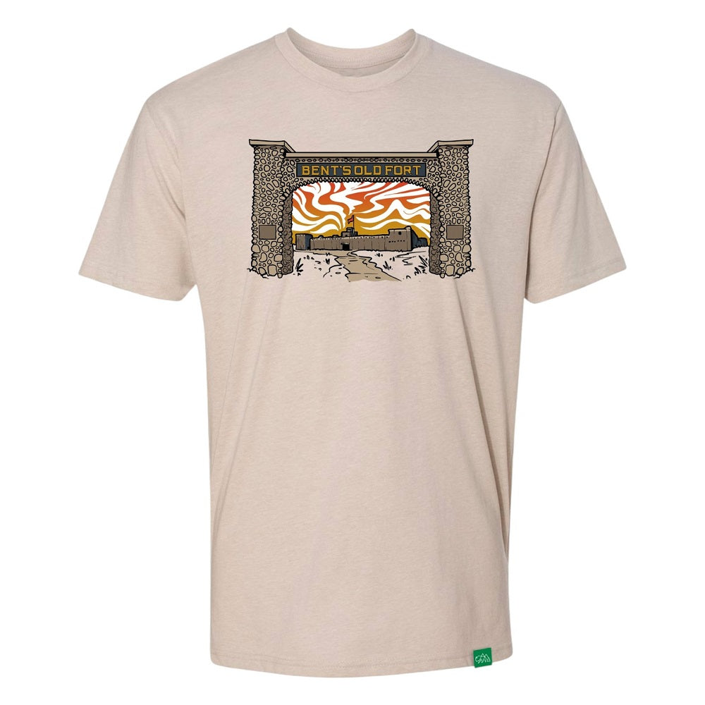 Beige t-shirt with a graphic rendering of Bent's Old Fort National Historic Site on a white background