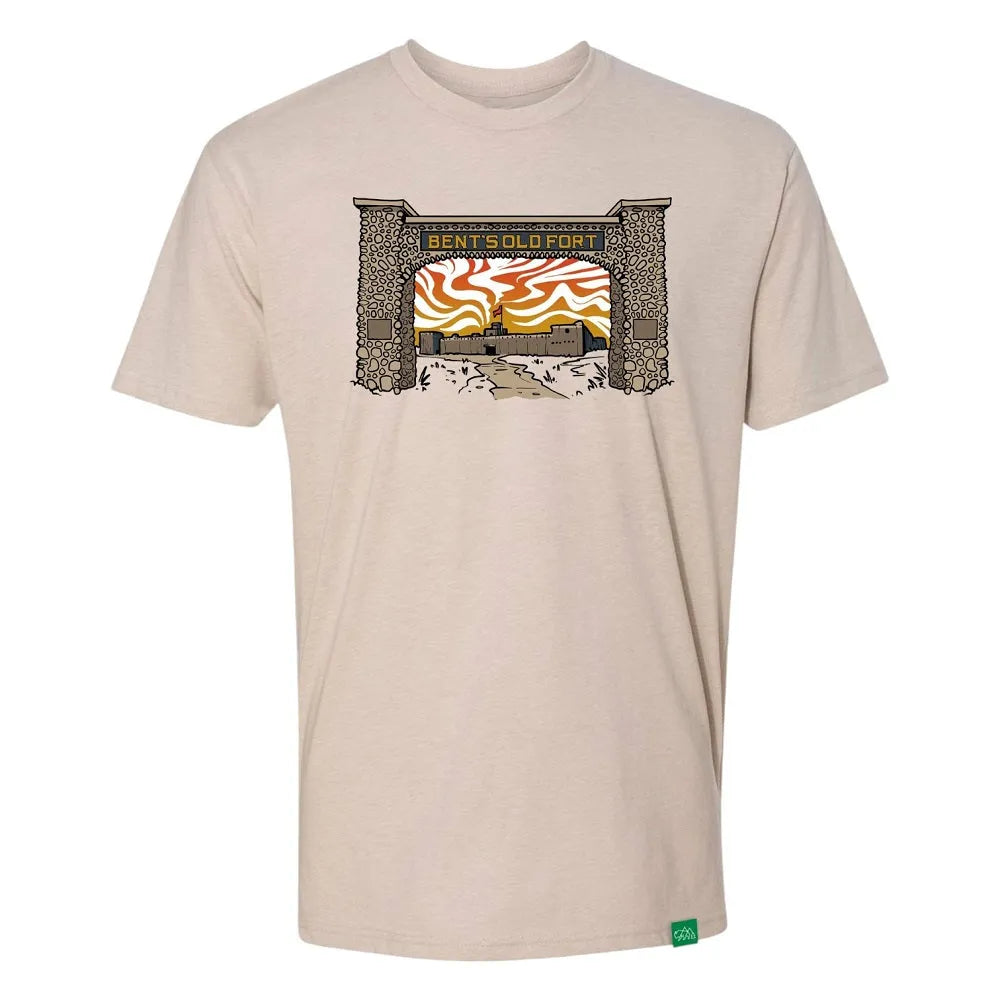 Beige t-shirt with a graphic rendering of Bent's Old Fort National Historic Site on a white background