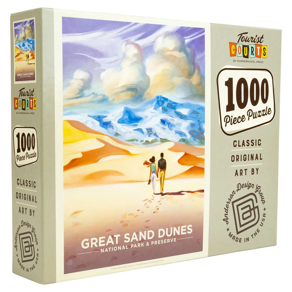Jigsaw puzzle box featuring a scenic illustration of Great Sand Dunes National Park with a couple walking.