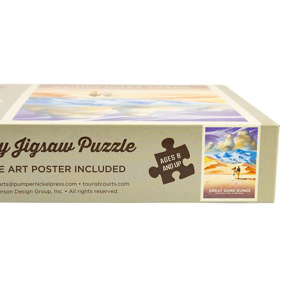 Jigsaw puzzle box with desert scene design and text on a white background