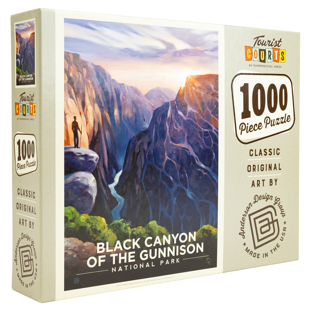 Puzzle box featuring artwork of Black Canyon of the Gunnison National Park with scenic mountains and a person.