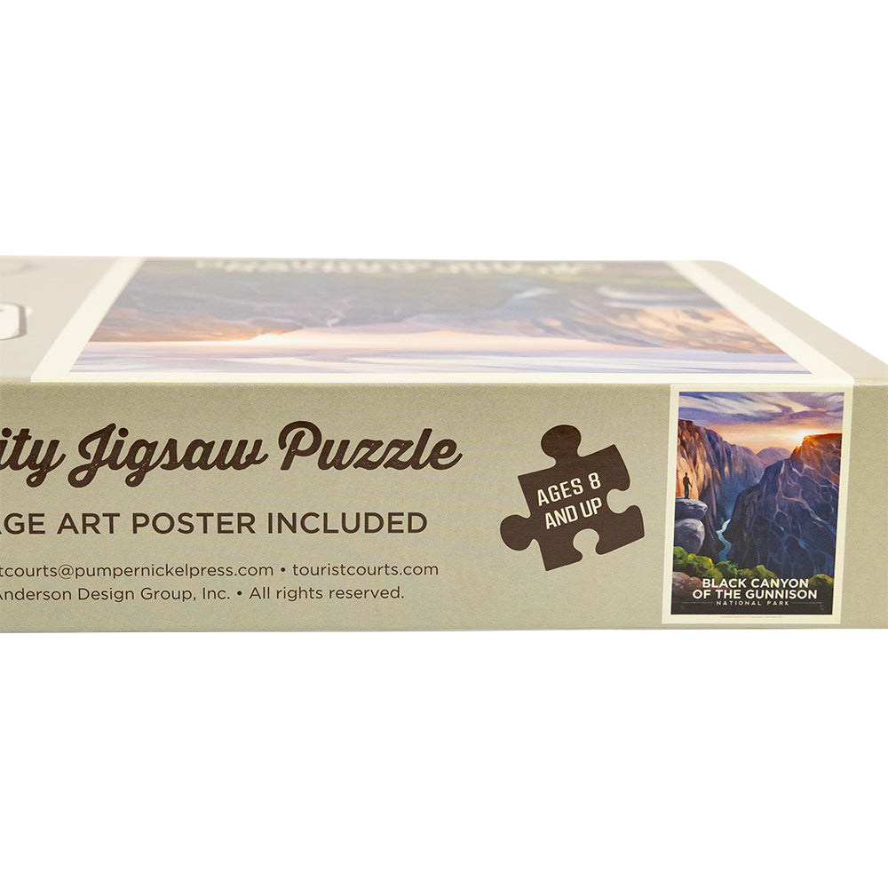 Jigsaw puzzle box with scenic artwork and branding details.