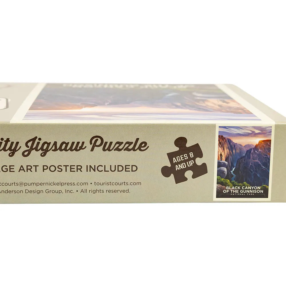 Jigsaw puzzle box with scenic artwork and branding details.