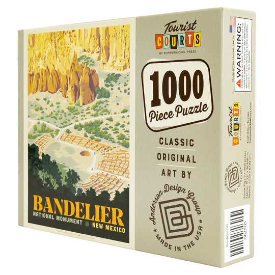 Puzzle box with Bandelier National Monument illustration and 'Tourist Courts' branding.