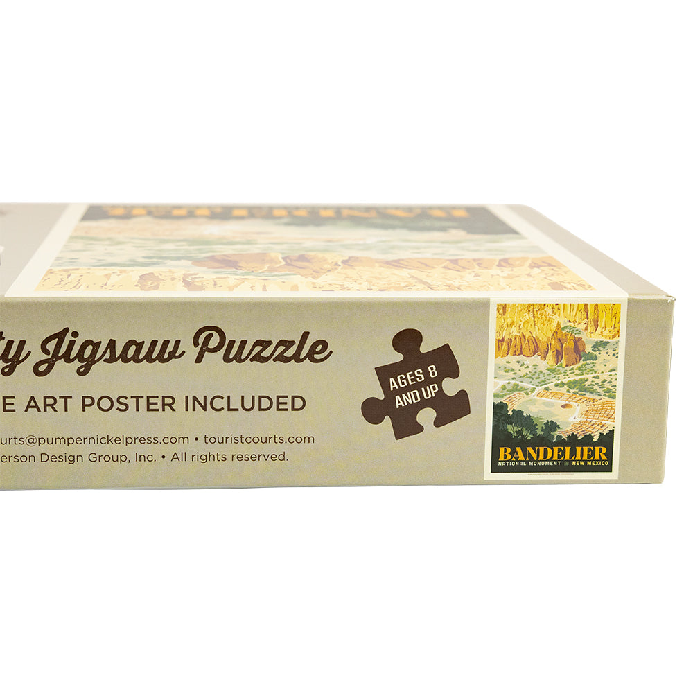 Box of a jigsaw puzzle with Bandelier National Monument design on a white background