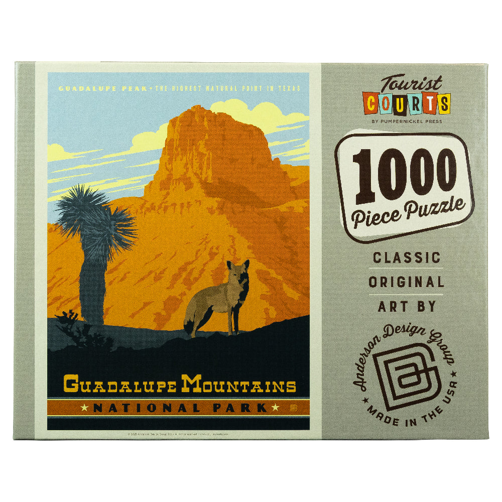Puzzle box with desert scene and mountain, featuring 'Guadalupe Mountains National Park'