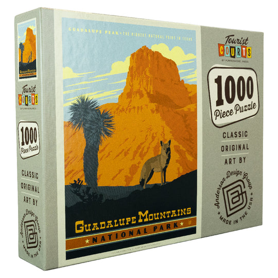 Puzzle box featuring a desert scene with mountains and a fox, labeled 'Guadalupe Mountains National Park'.