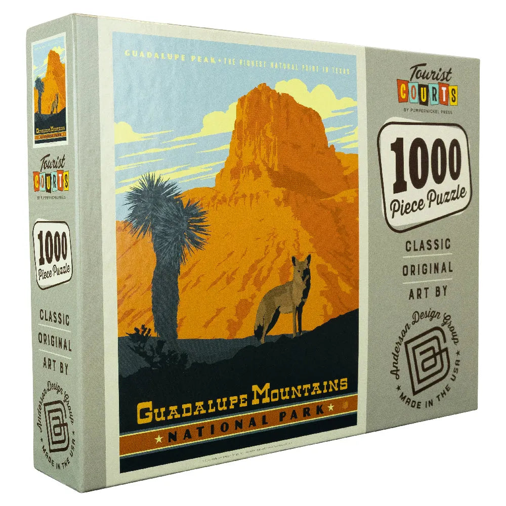 Puzzle box featuring a desert scene with mountains and a fox, labeled 'Guadalupe Mountains National Park'.