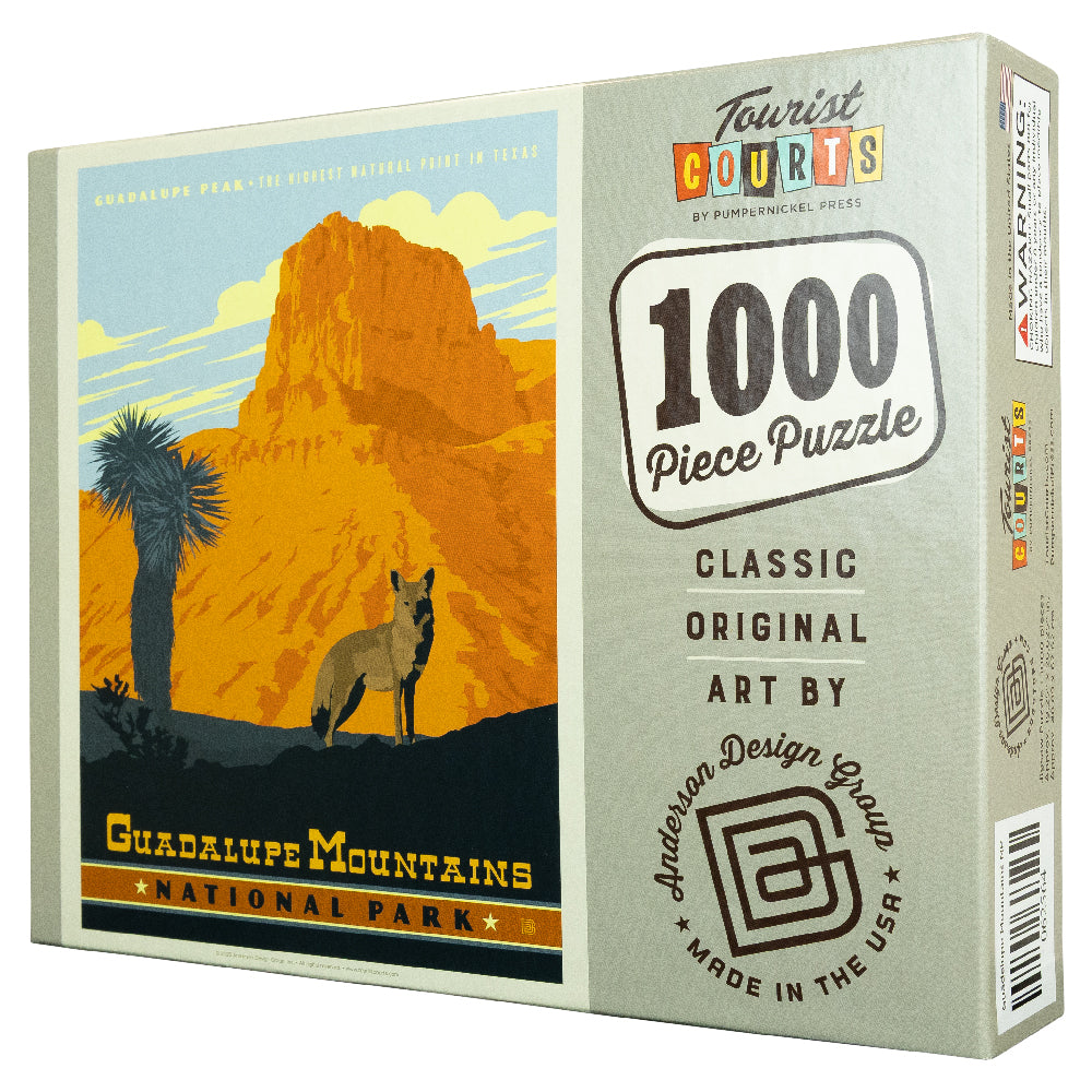 Puzzle box with desert scene and fox illustration, featuring 'Guadalupe Mountains National Park'.
