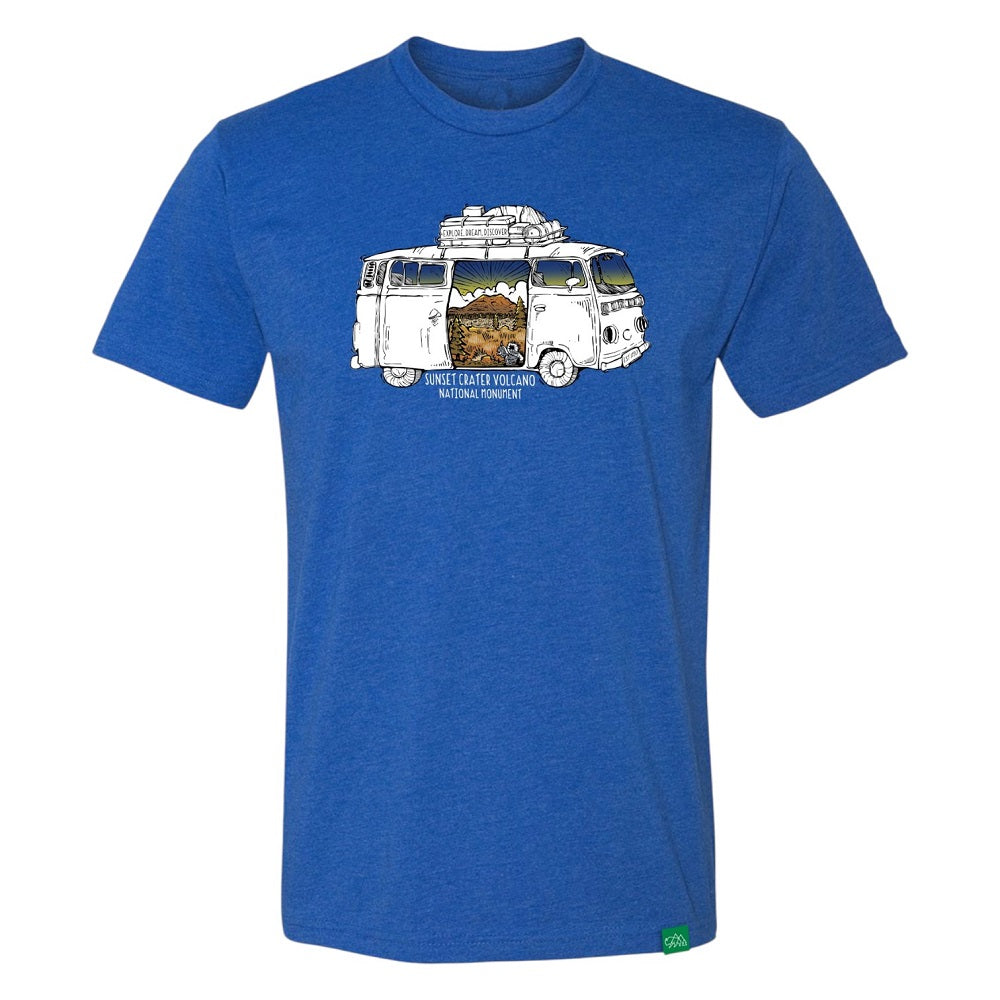 Blue t-shirt with a van graphic and desert scenery with text 'Sunset Crater Volcano National Monument' on a white background