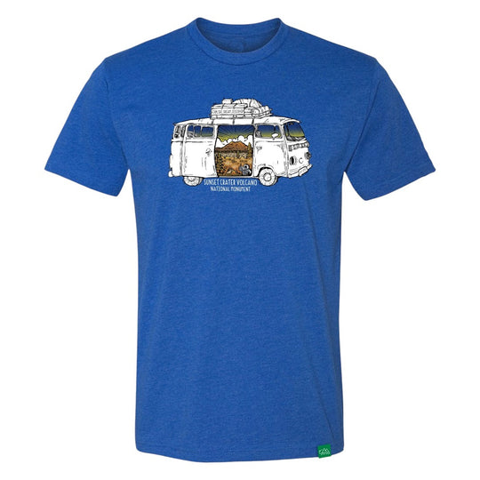 Blue t-shirt with a van graphic and desert scenery with text 'Sunset Crater Volcano National Monument' on a white background