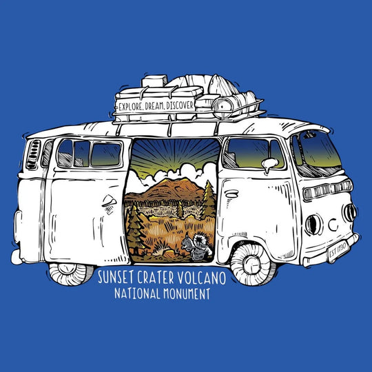 Illustration of a van with luggage and a view of Sunset Crater Volcano National Monument on a blue background.