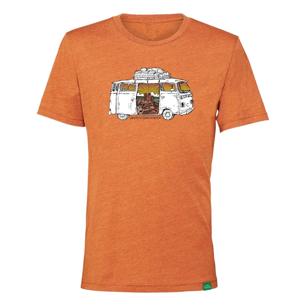 Orange t-shirt with a white van graphic with text "Wupatki National Monument" on a white background