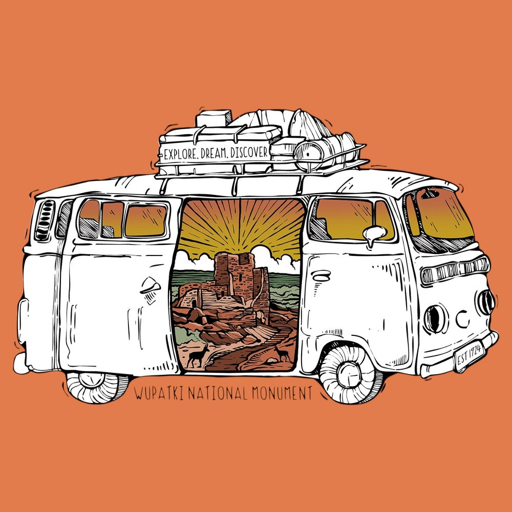 Illustration of a van with Wupatki National Monument scenery on an orange background