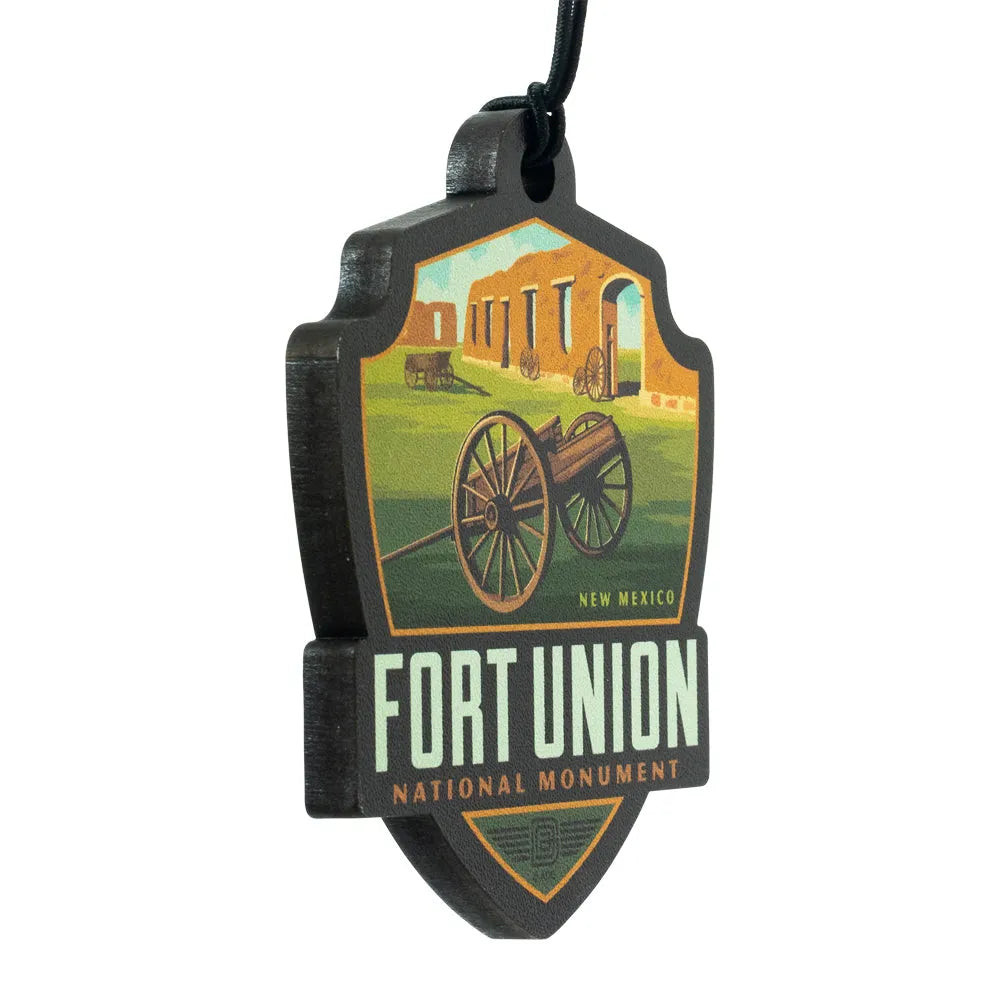 Decorative ornament with Fort Union National Monument design on a white background