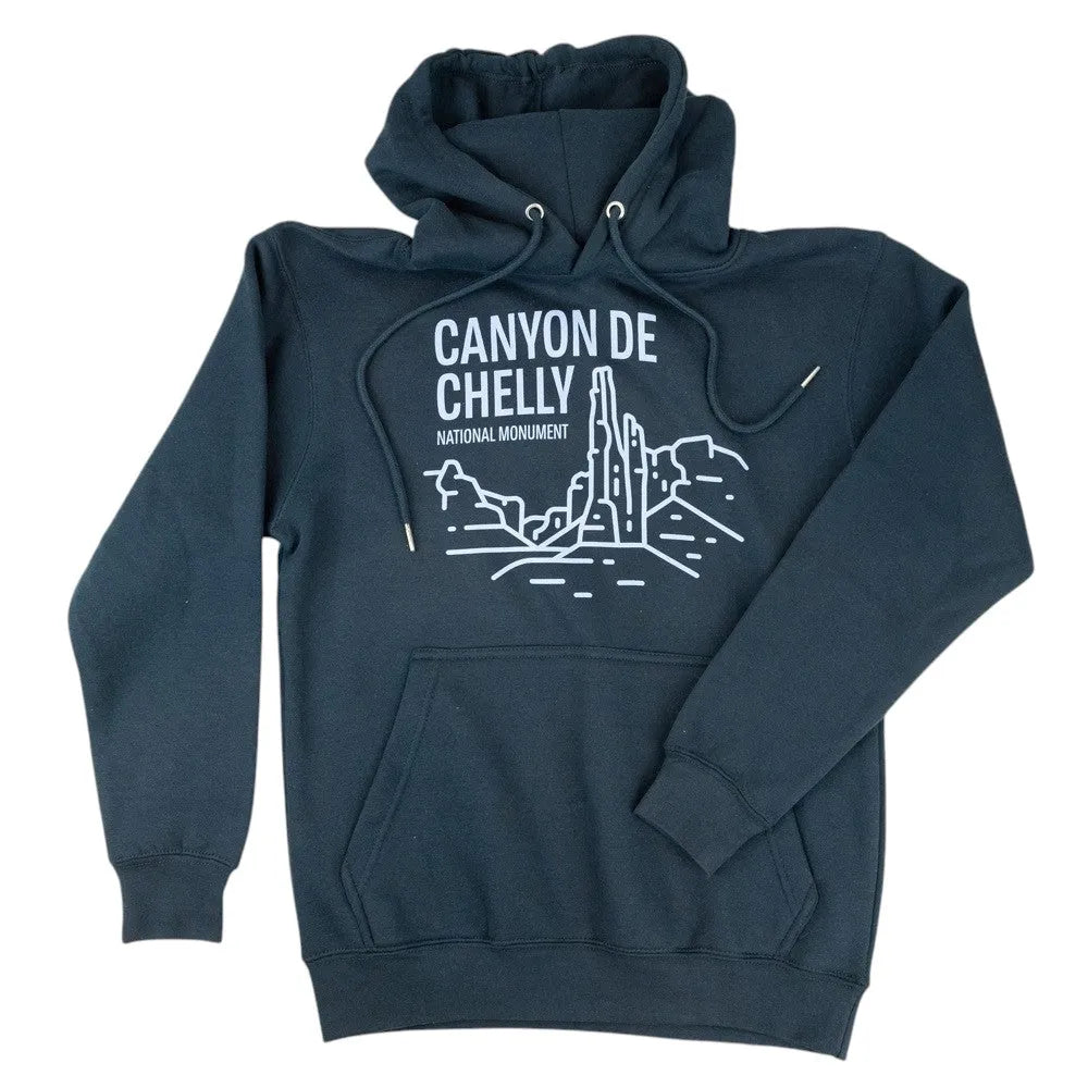 Navy blue hoodie with Canyon de Chelly National Monument graphic on a white background