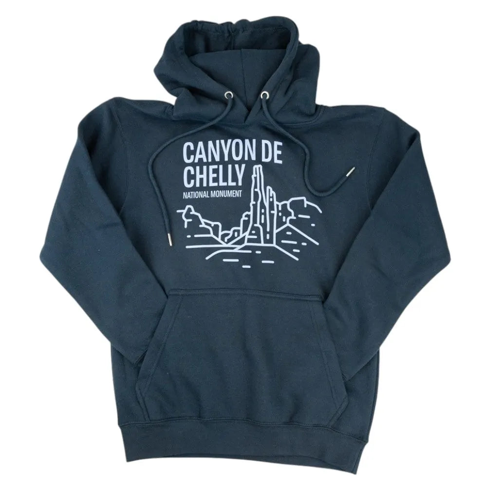 Navy blue hoodie with Canyon de Chelly National Monument graphic on a white background