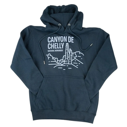 Navy blue hoodie with Canyon de Chelly National Monument graphic on a white background