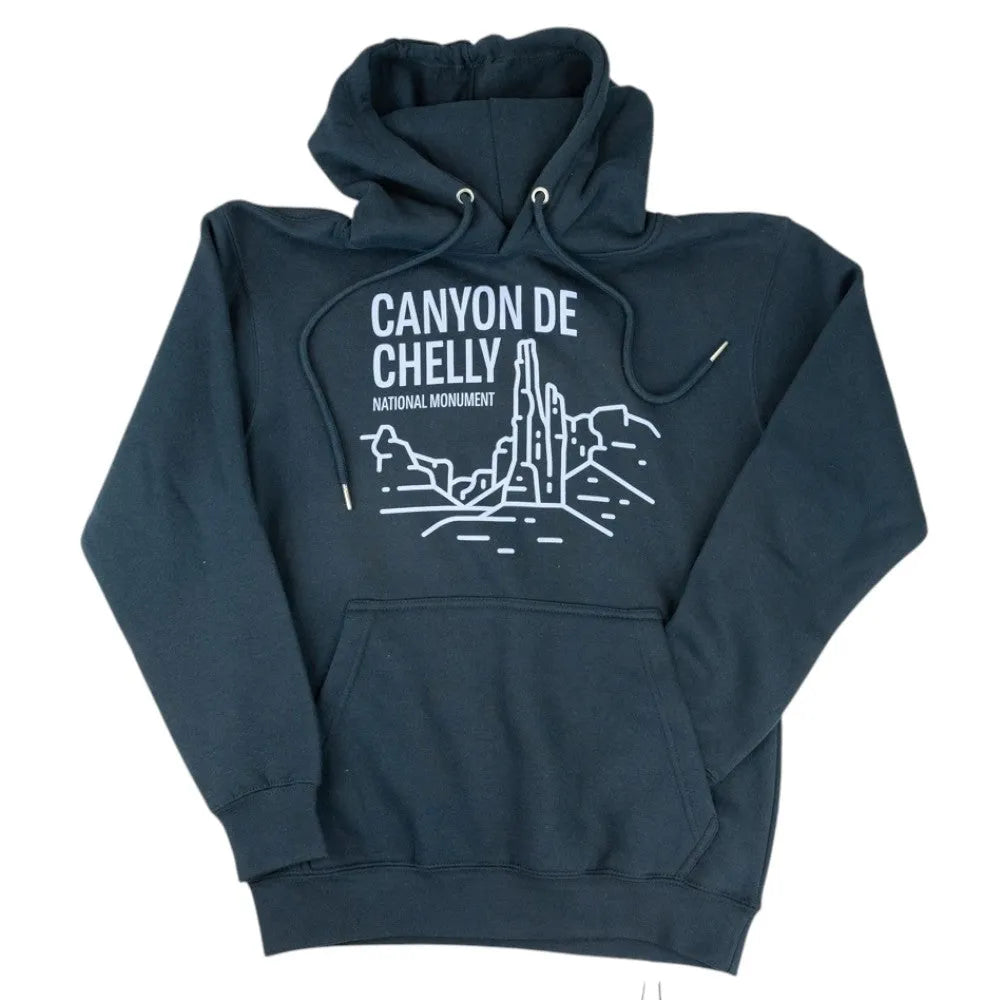 Navy blue hoodie with Canyon de Chelly National Monument graphic on a white background