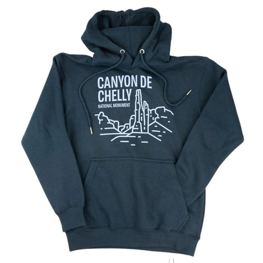 Navy blue hoodie with Canyon de Chelly National Monument graphic on a white background