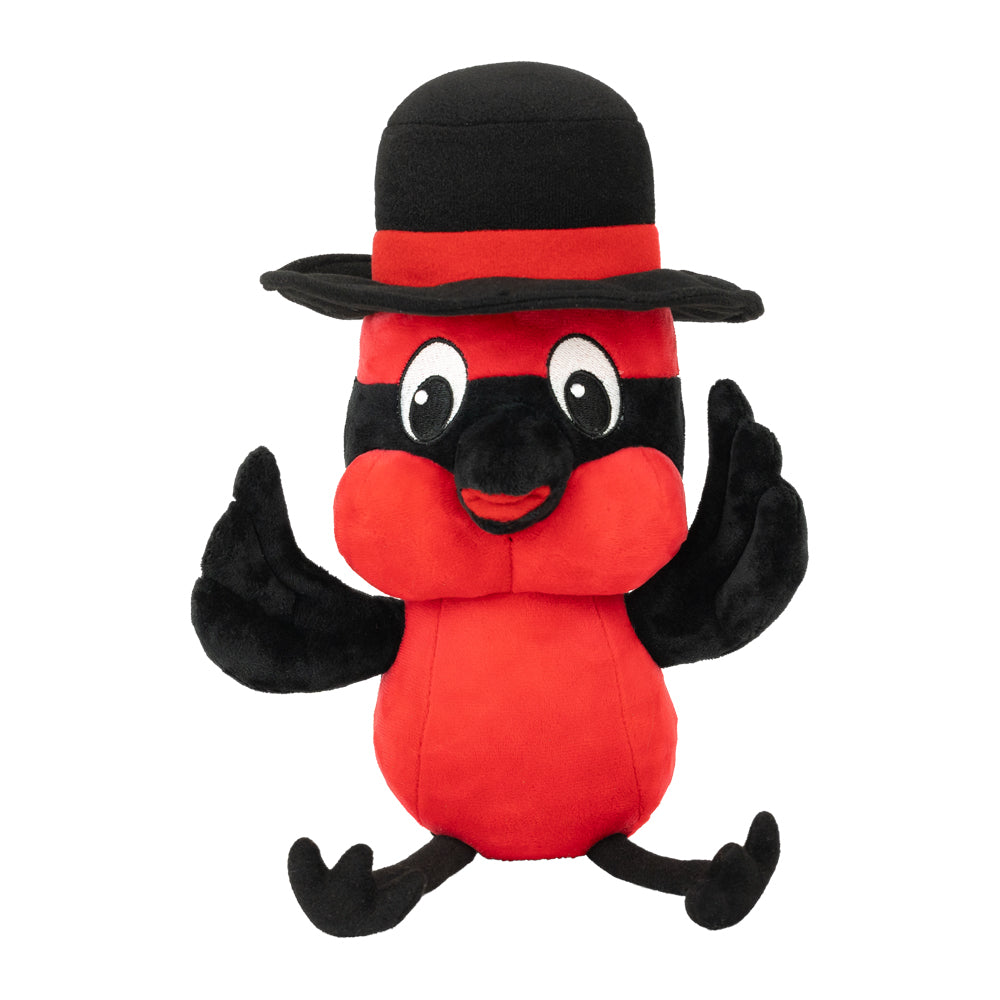 Red plush toy with black hat and gloves on a white background