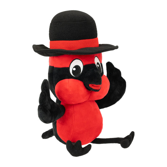 Red plush toy with a black hat and black gloves on a white background