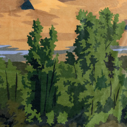 Artistic depiction of a forest with trees and a sunset or sunrise in the background.