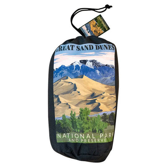 Black drawstring bag with Great Sand Dunes National Park and Preserve design on a white background