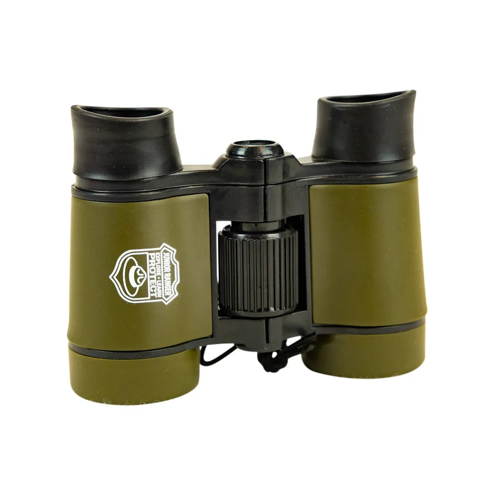 A pair of binoculars with olive green bodies and black eyecups and central hinge, featuring a white printed logo on the left side, shown against a plain white background.