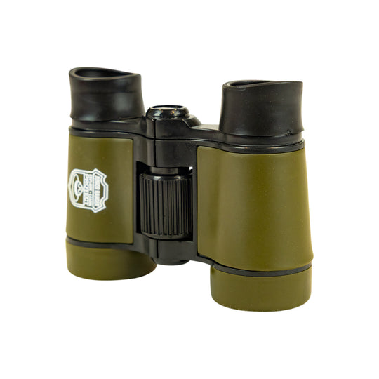A pair of binoculars with olive green bodies and black eyecups and central hinge, featuring a white and black logo on the left side, isolated on a white background.