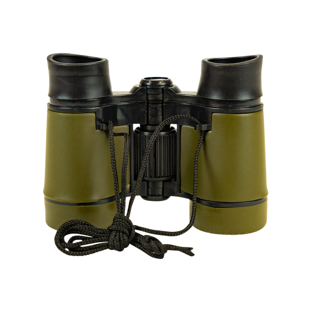 A pair of binoculars with olive green bodies and black eyecups, center piece, and adjustable strap, shown on a plain white background.