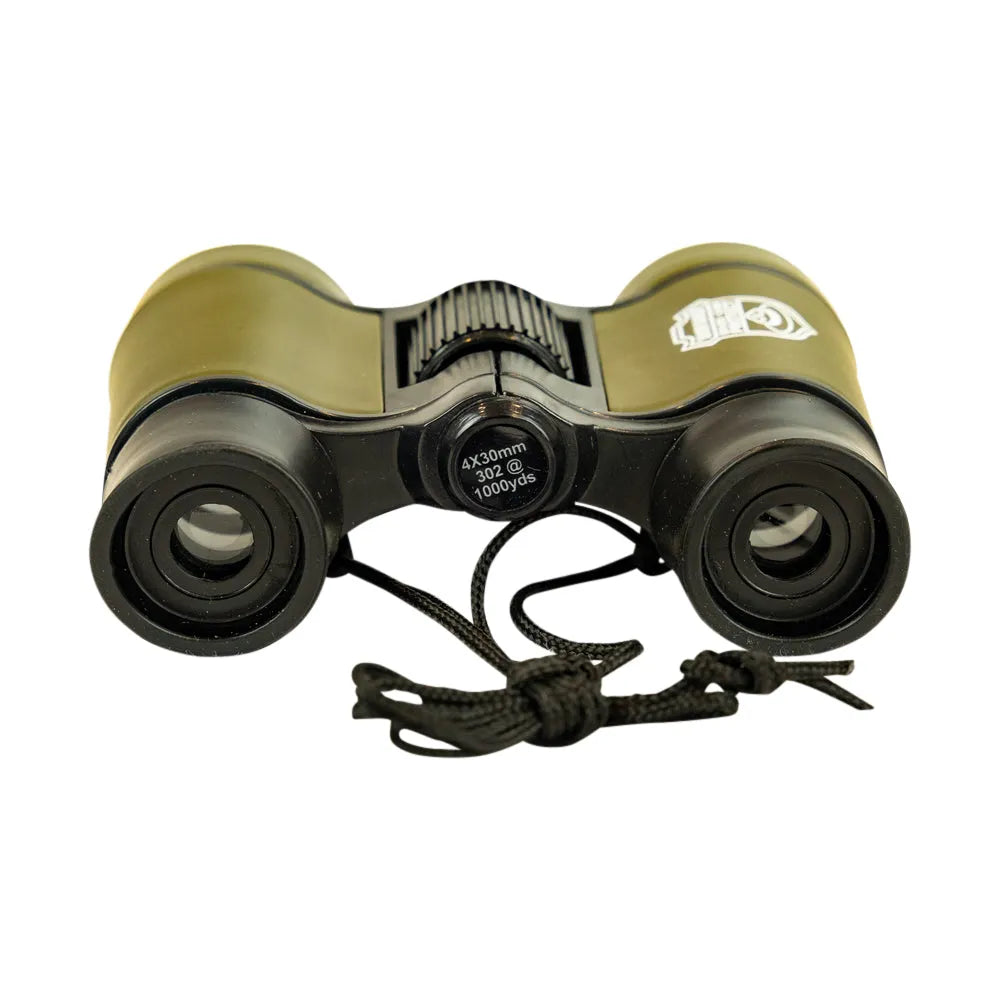 A pair of compact binoculars with olive green and black bodies, featuring a black paracord lanyard and a white logo on the side, set against a plain white background.
