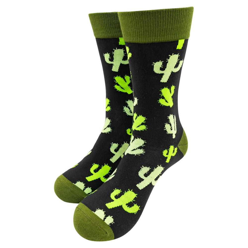 Dark socks with green cuff, heels, and toes with a green cactus pattern on a white background