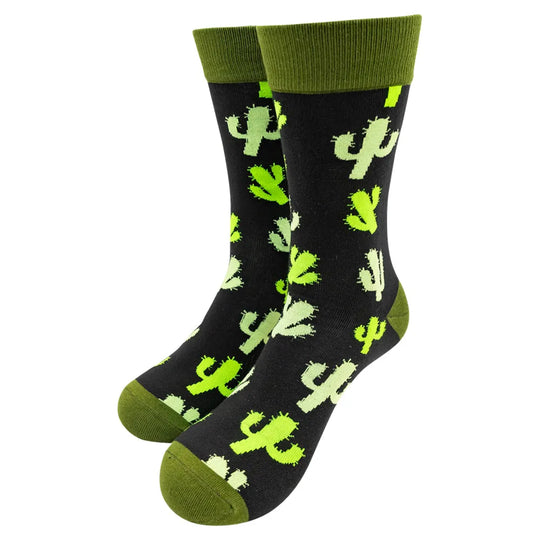 Dark socks with green cuff, heels, and toes with a green cactus pattern on a white background