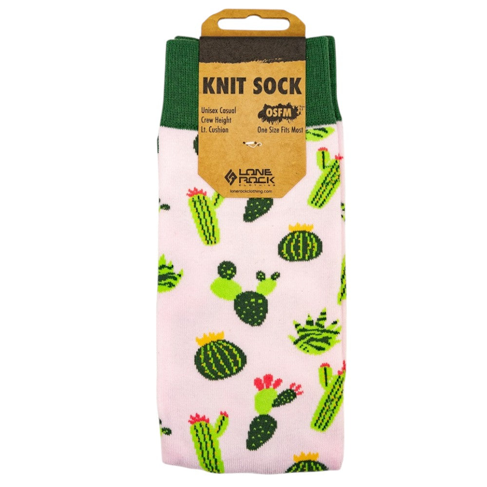 Knit sock with cactus design on a pink background set against a white background