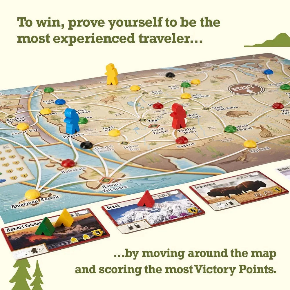 Board game showing a map of the United States that includes national parks and basic instructions for game play