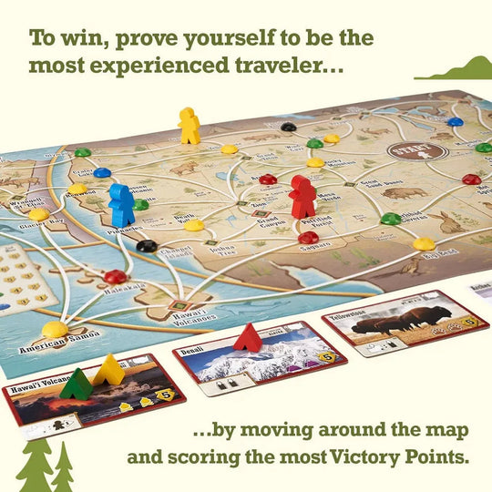 Board game showing a map of the United States that includes national parks and basic instructions for game play