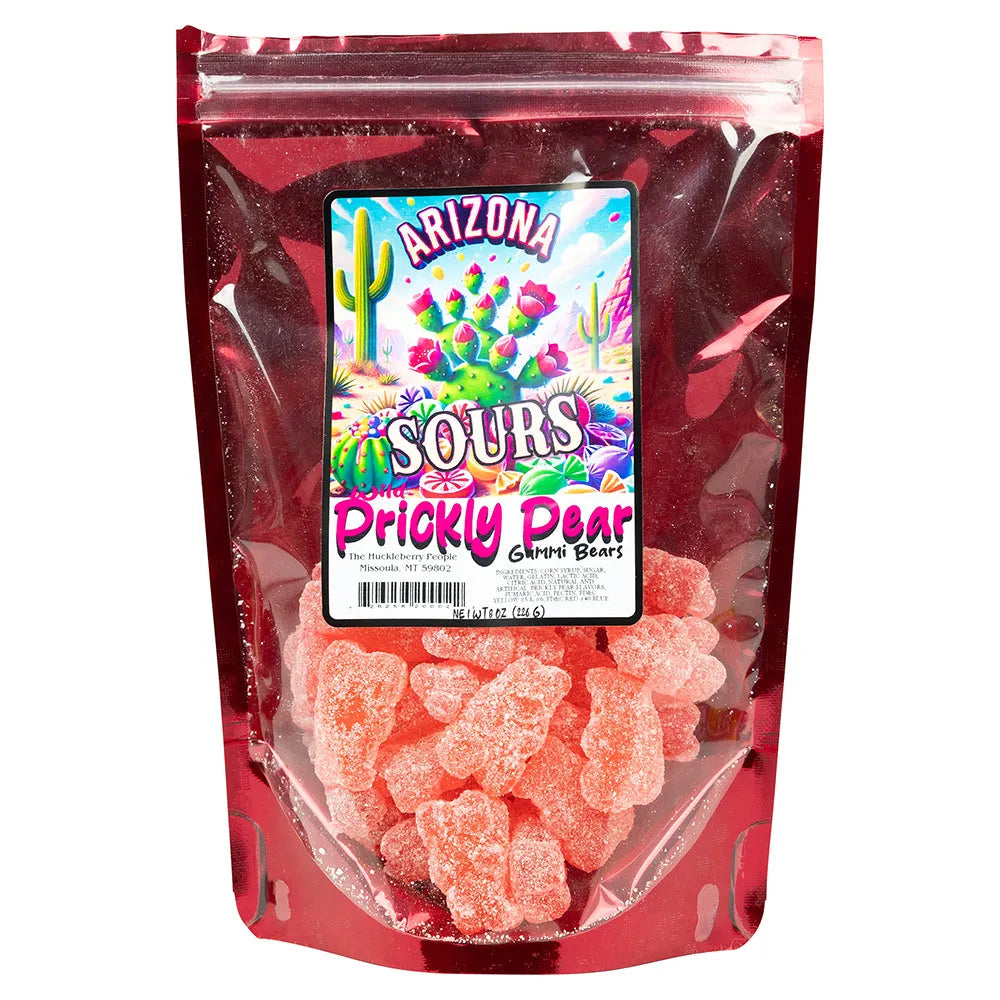 Sour Prickly Pear Gummi Bears in a translucent pink bag