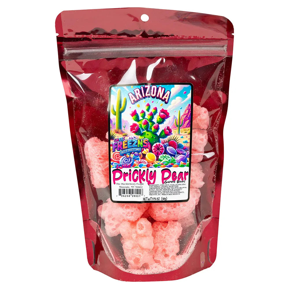 Freeze Dried Prickly Pear Gummi Bears in a translucent red bag