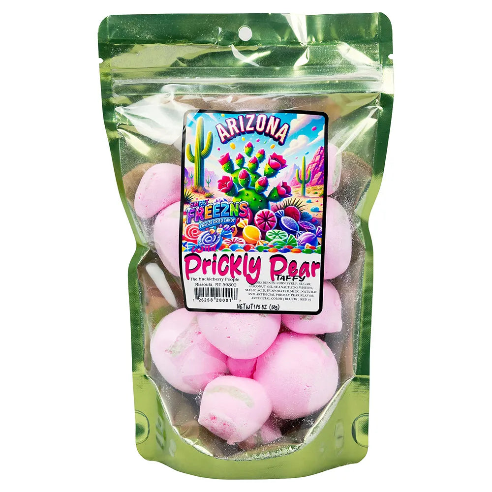 Freeze Dried Prickly Pear Taffy in a translucent green bag