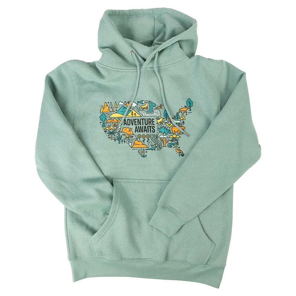 Adventure Awaits National Park Fleece Hoodie with arms folded into kangroo pocket